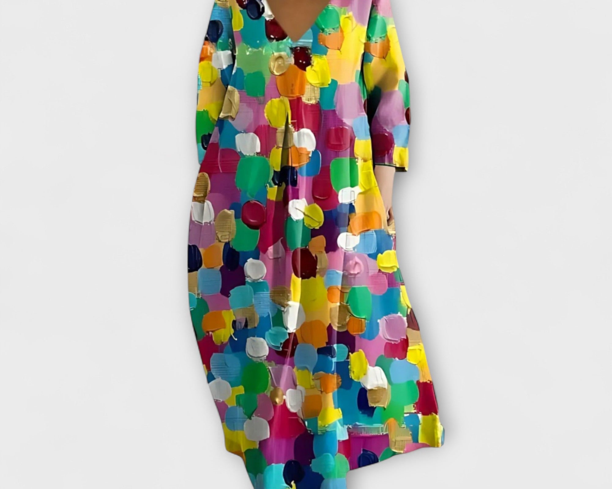 Fiona - Langes, farbenfrohes Kleid mit V-Ausschnitt