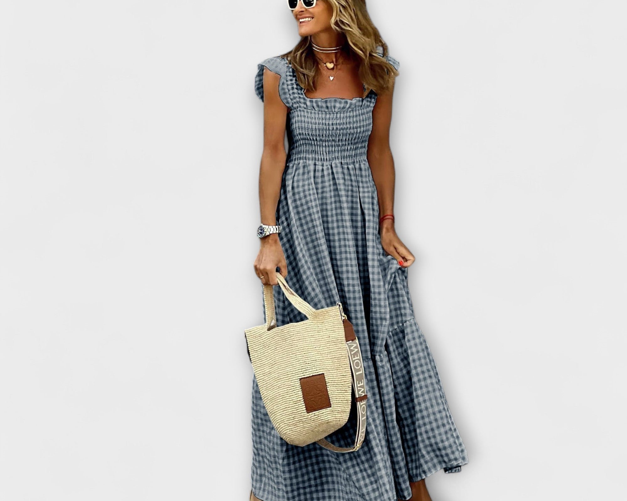 Kariertes Maxikleid mit Rüschensleeves