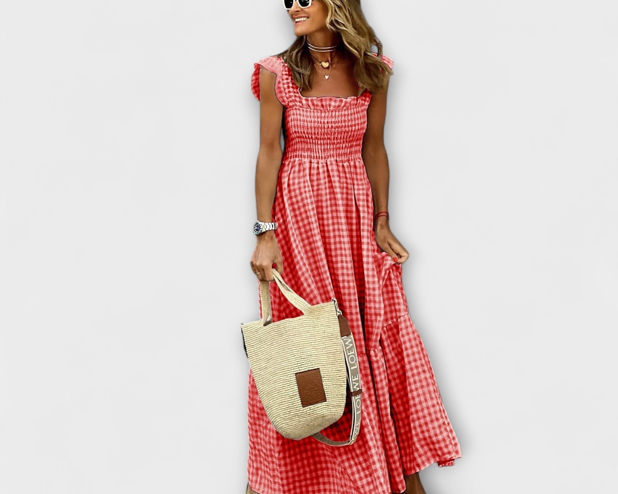 Kariertes Maxikleid mit Rüschensleeves