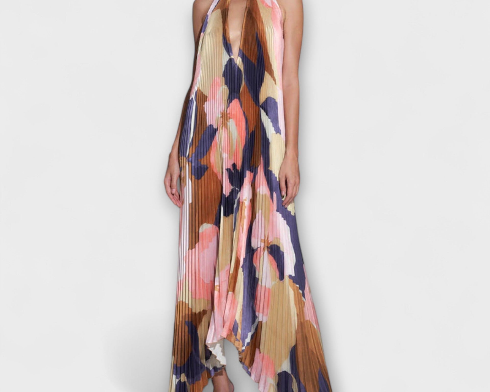 Vida - Schickes Plissiertes Halterneck Rückenfreies Midi-Kleid mit Trägerdesign