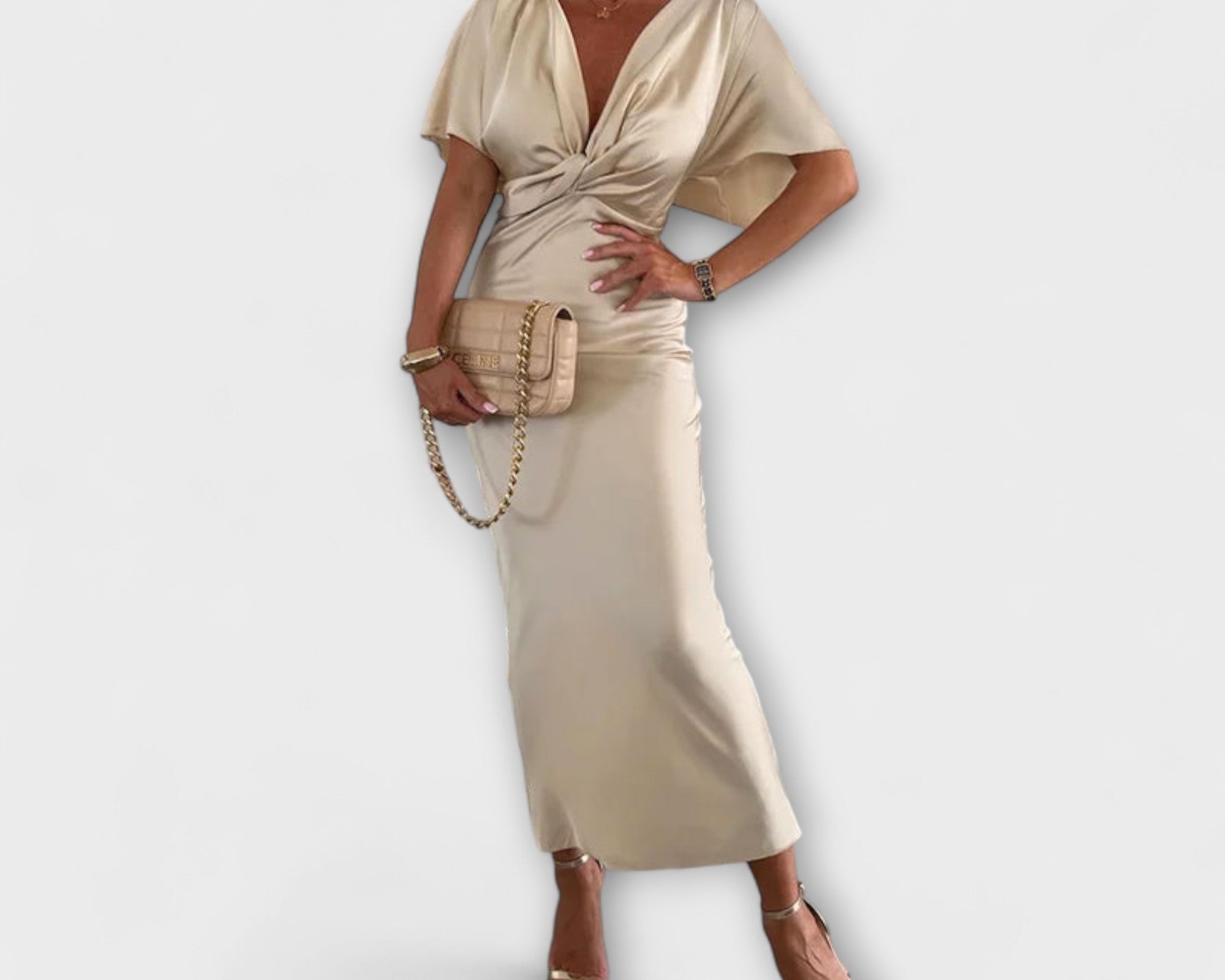 Sable - Solides Satin V-Ausschnitt Kreuzknoten Slim Fit Maxi Kleid