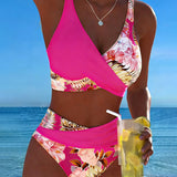 Bikini mit kontrastierendem Blumenmuster und Schlitz