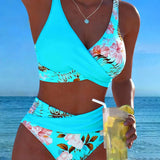 Bikini mit kontrastierendem Blumenmuster und Schlitz