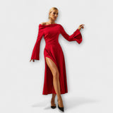 Willa - Off-Shoulder Midi-Kleid mit gerafften Ballärmeln