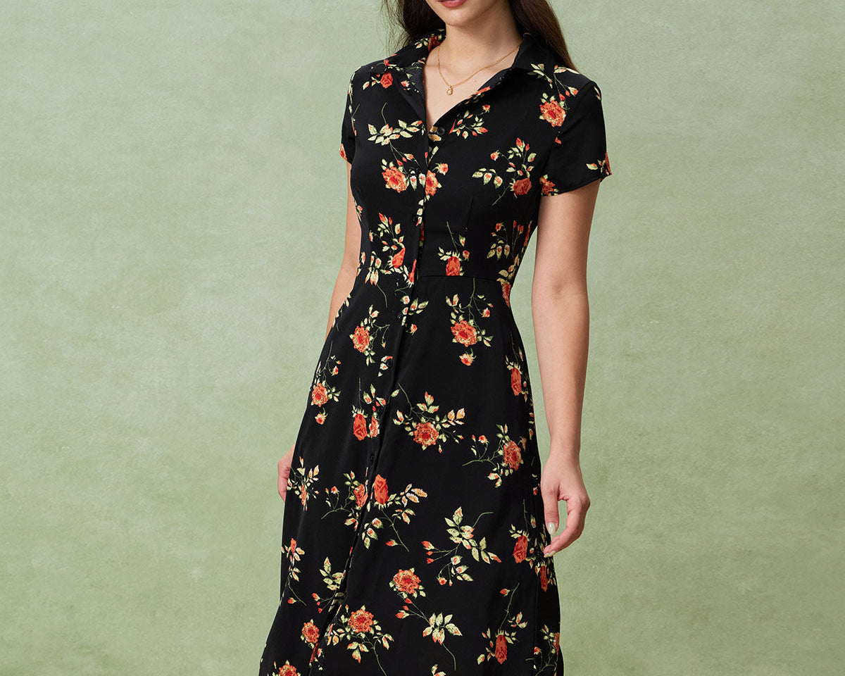 Glória - Midi Kleid Schwarz Floral
