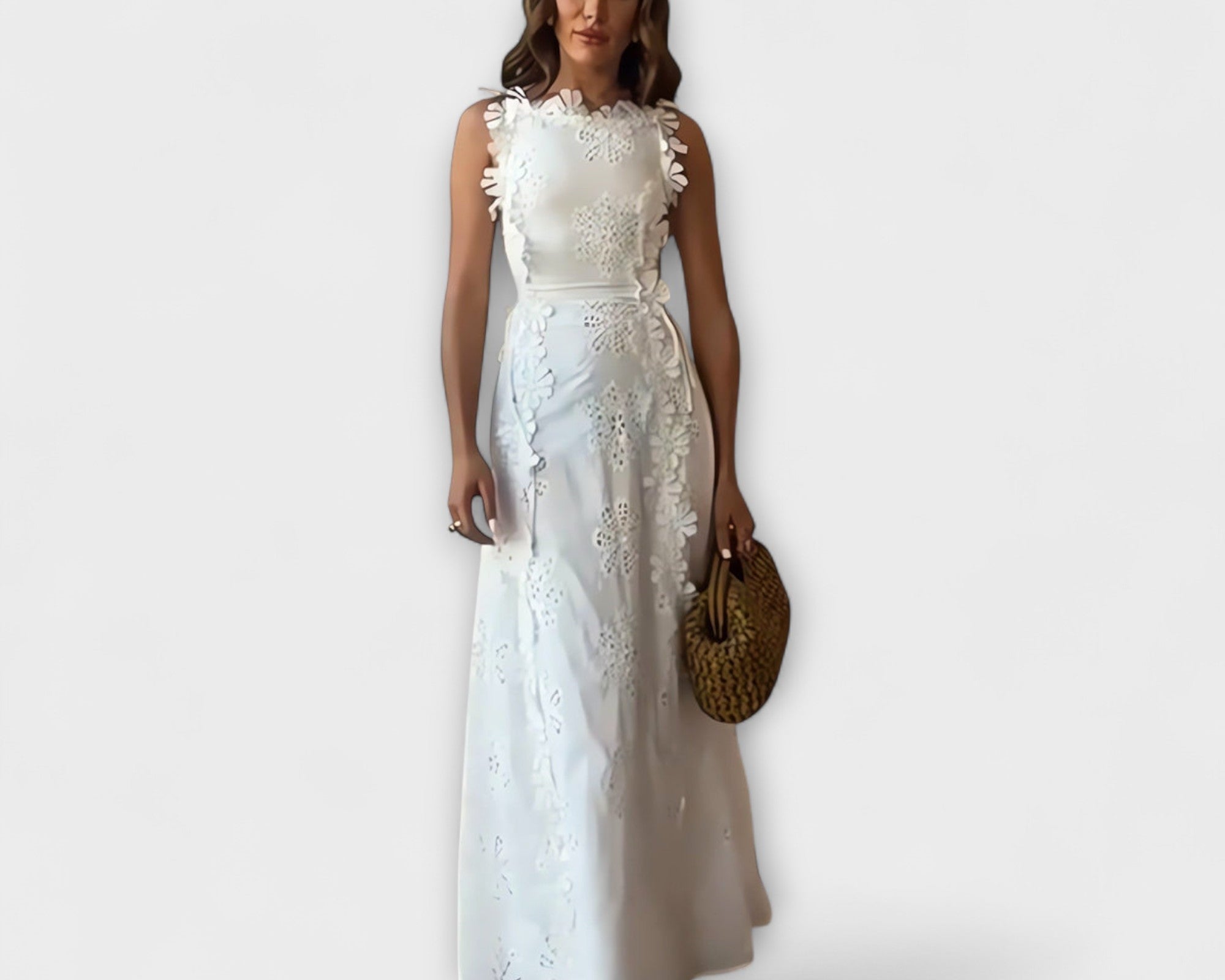 Éliora – Maxikleid mit Spitzenblumenmuster und Bindegurten