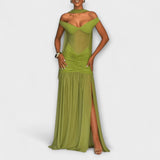 Nicole - Olivfarbenes V-Ausschnitt Maxikleid