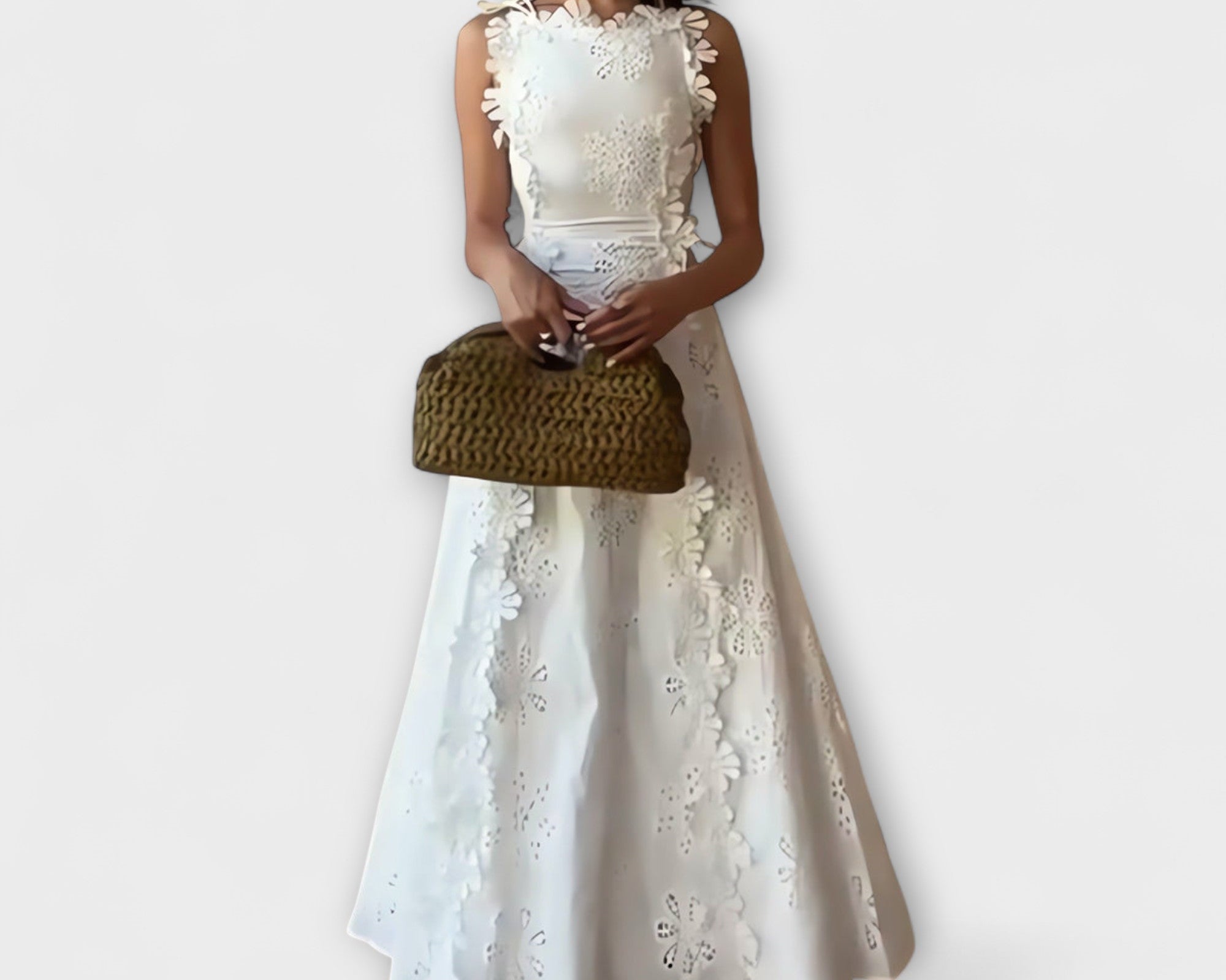 Éliora – Maxikleid mit Spitzenblumenmuster und Bindegurten