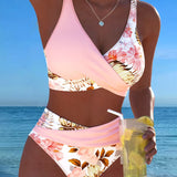Bikini mit kontrastierendem Blumenmuster und Schlitz