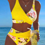 Bikini mit kontrastierendem Blumenmuster und Schlitz