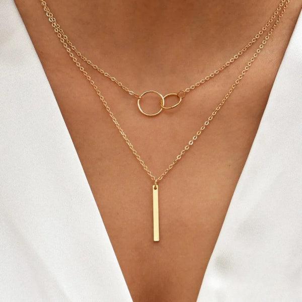 Retro Goldfarbene Double Circle Pendant Halskette