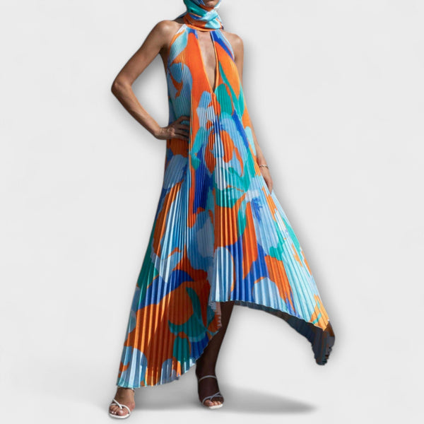 Vida - Schickes Plissiertes Halterneck Rückenfreies Midi-Kleid mit Trägerdesign
