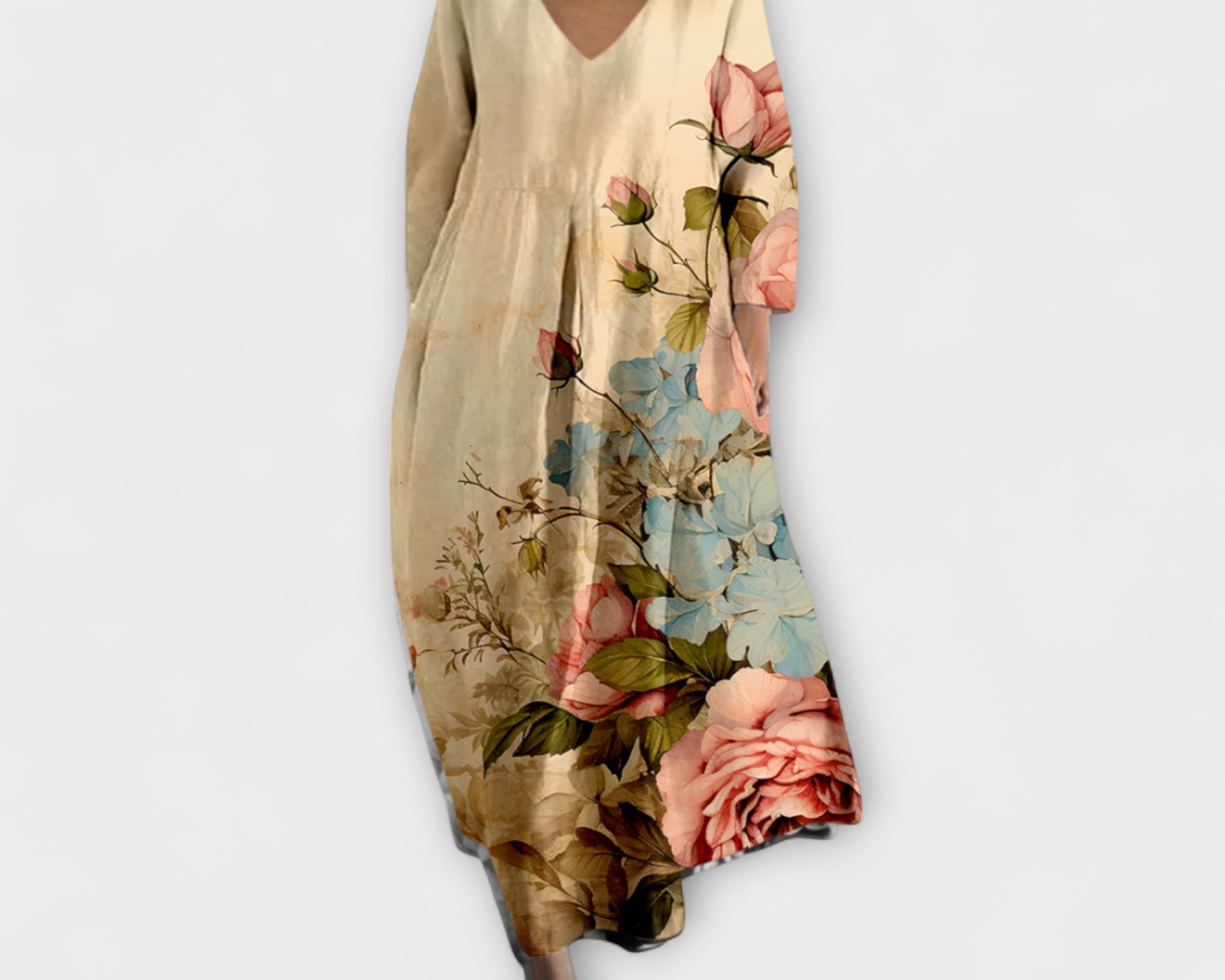 Fiona - Langes, farbenfrohes Kleid mit V-Ausschnitt