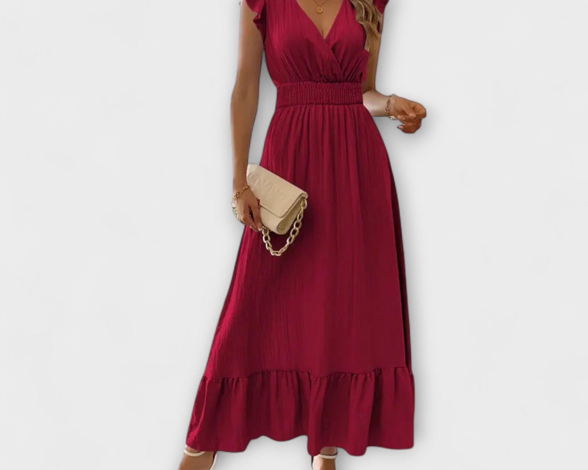 Poet - Maxikleid mit gerüschten Ärmeln und tiefem V-Ausschnitt