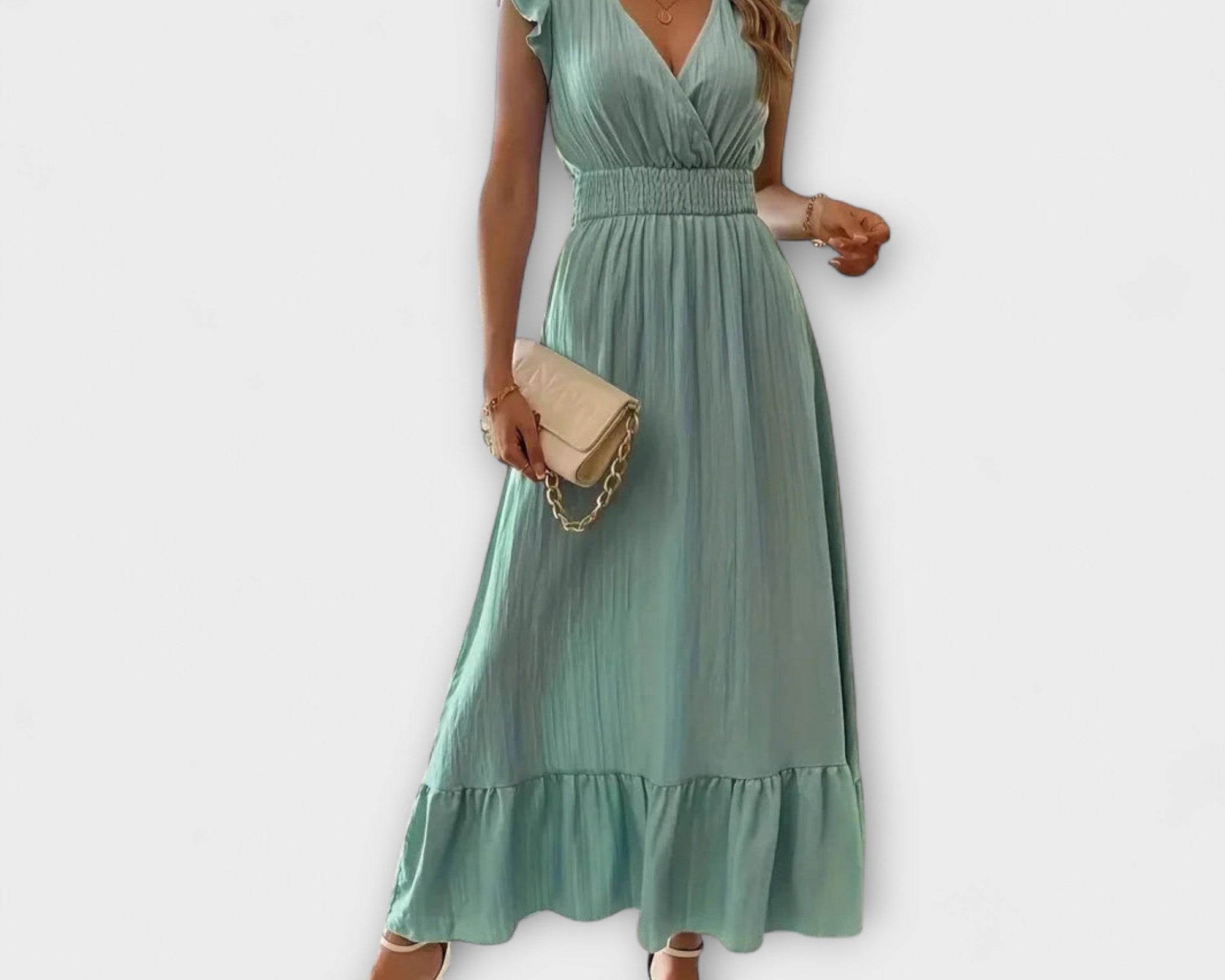 Poet - Maxikleid mit gerüschten Ärmeln und tiefem V-Ausschnitt