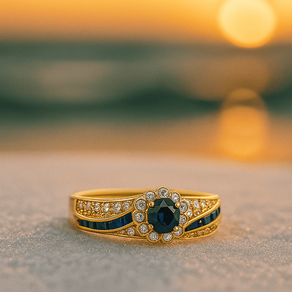 Verlobungsring mit blauem Zirkon und Kristallverzierungen