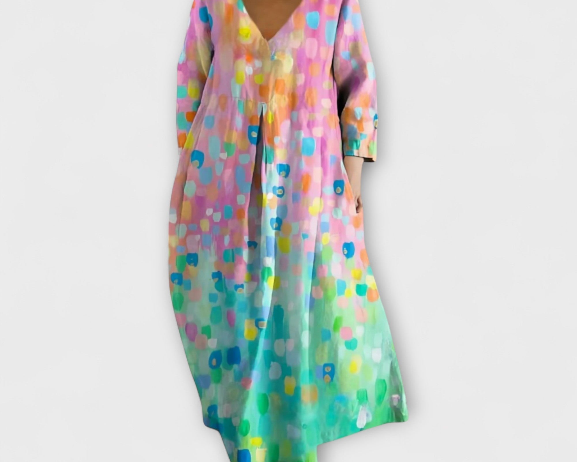 Fiona - Langes, farbenfrohes Kleid mit V-Ausschnitt