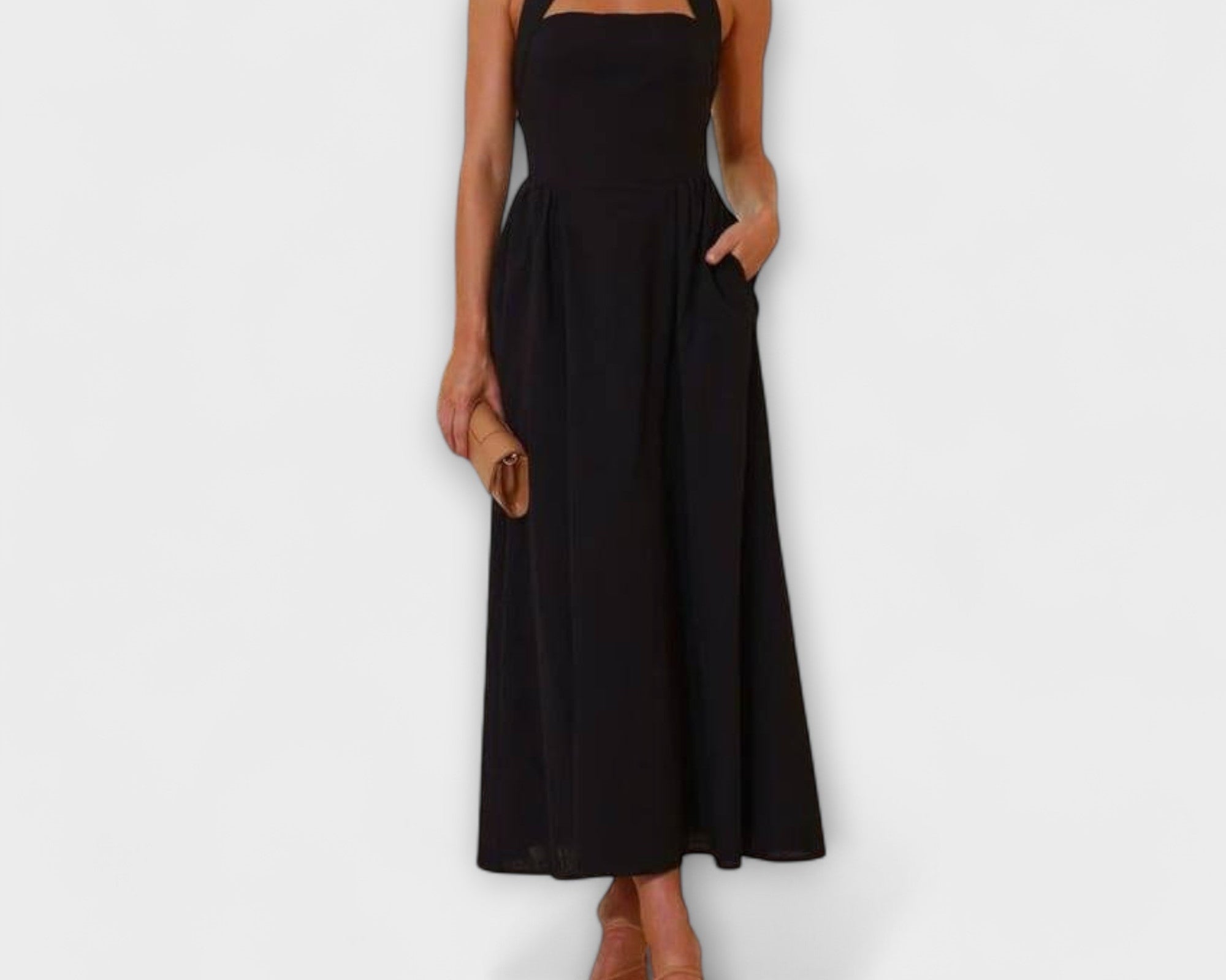 Lydia - Mid-Length Schwarzes Halterkleid mit Taillendetail