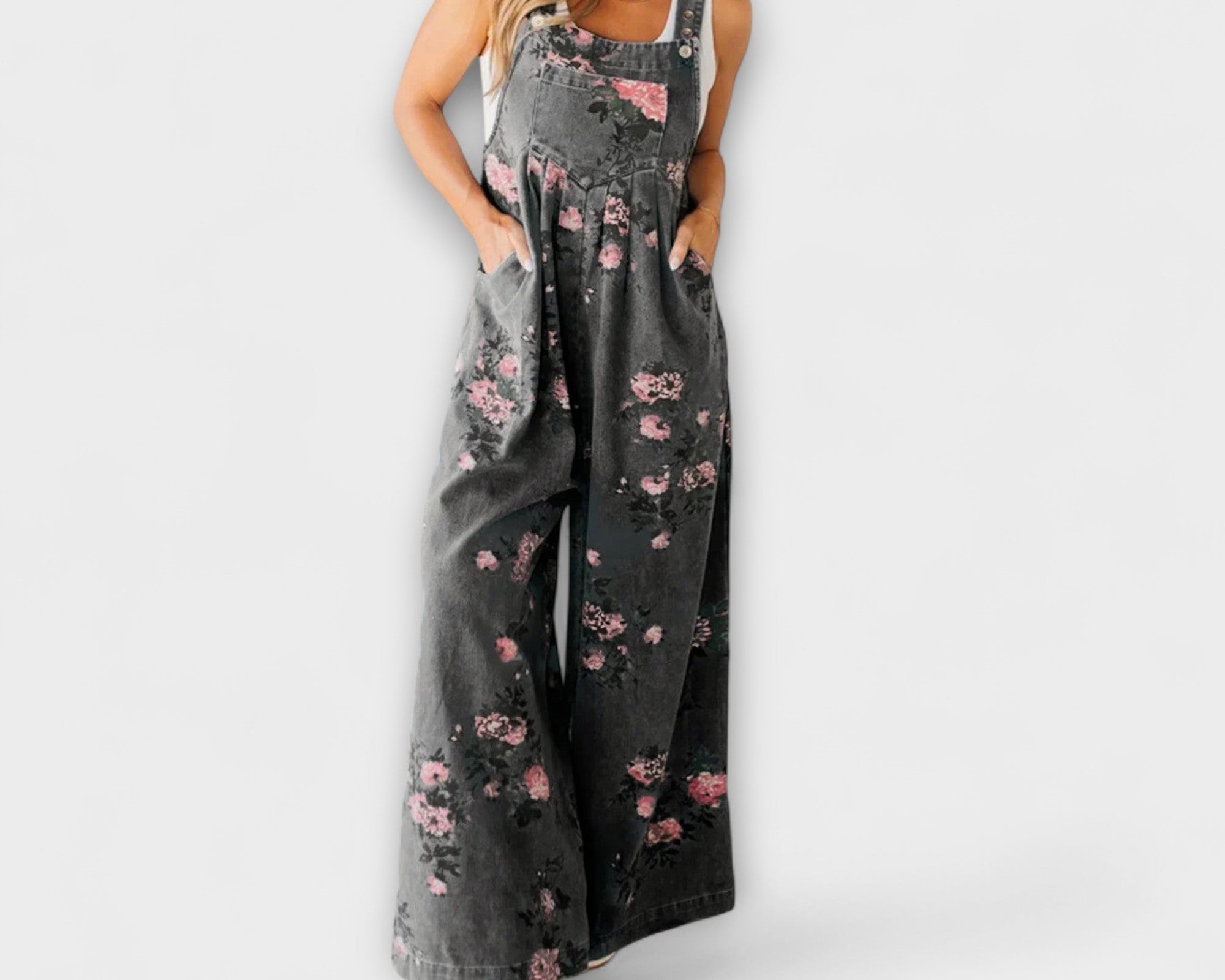 Bethany - Blumenmuster Weite Denim Latzhose