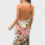 Ayla - Blumenmuster Ärmelloses Offenes Rücken Maxikleid