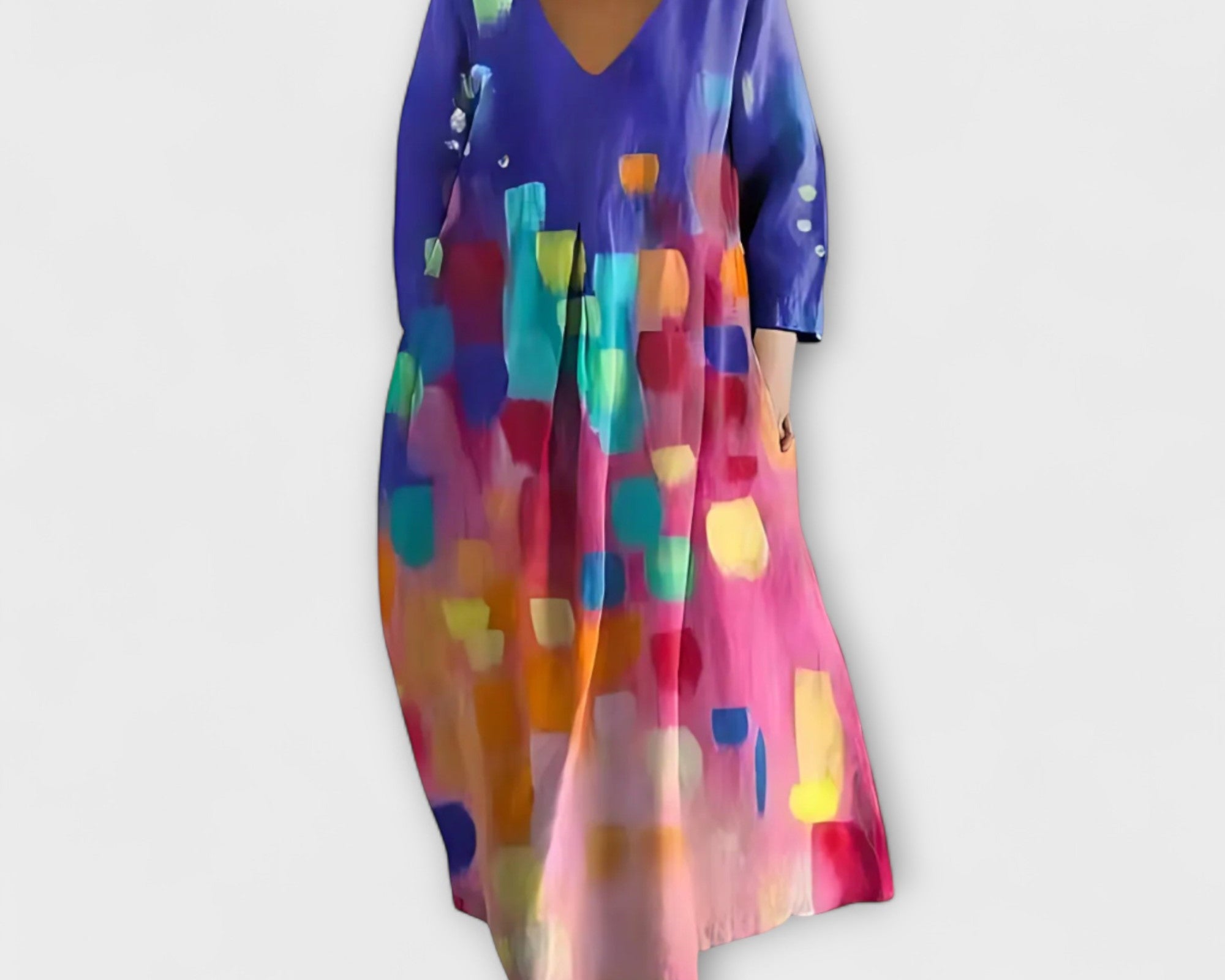 Fiona - Langes, farbenfrohes Kleid mit V-Ausschnitt
