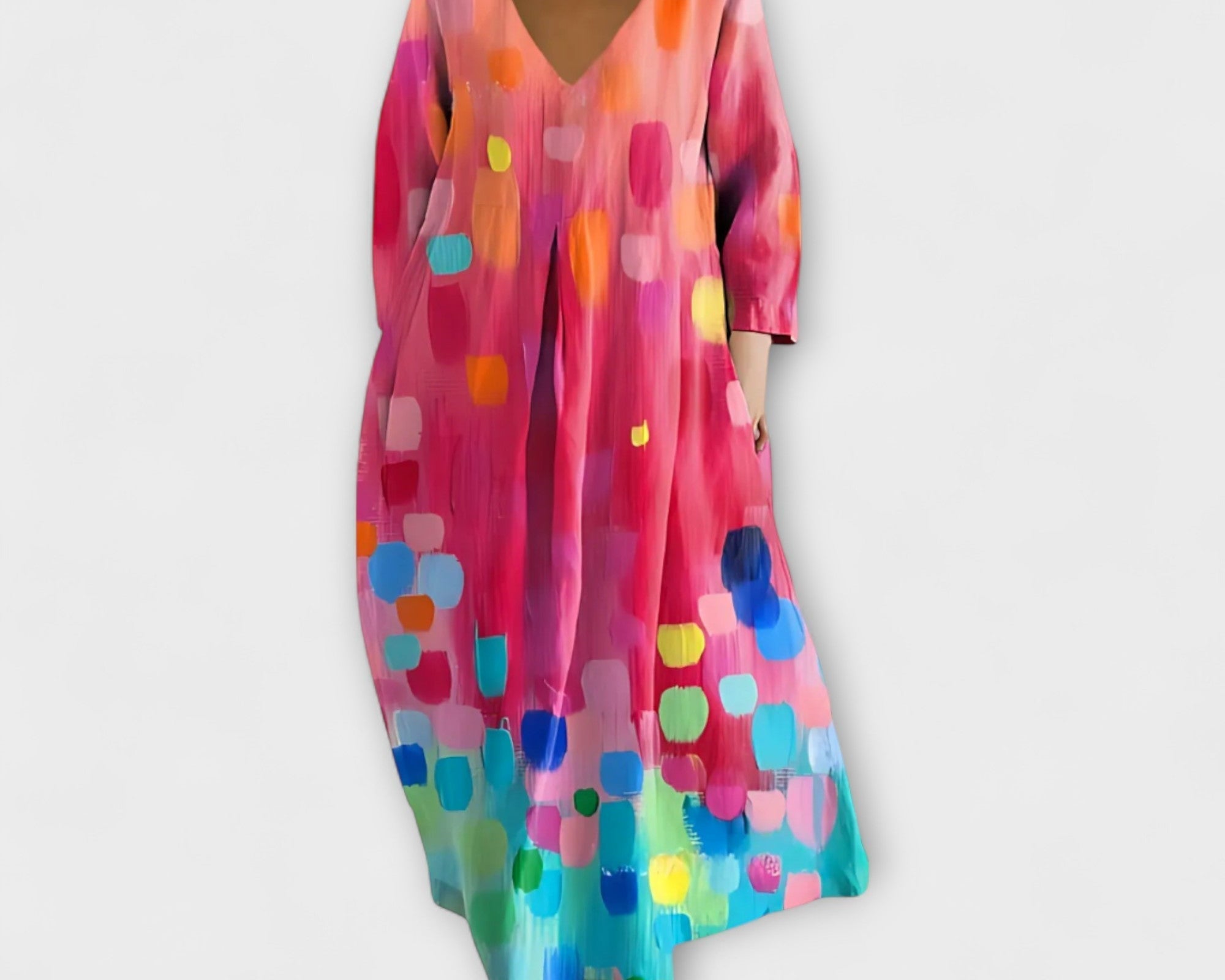 Fiona - Langes, farbenfrohes Kleid mit V-Ausschnitt