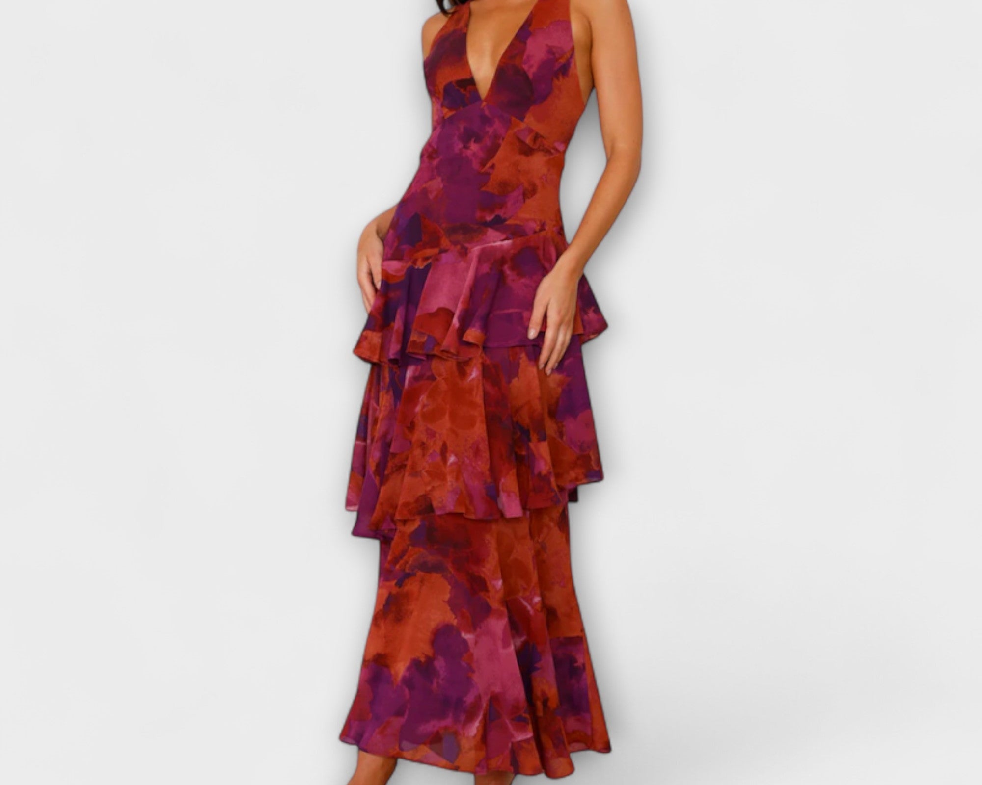 Domenica - Chiffonkleid mit V-Ausschnitt und fliessenden Lagen
