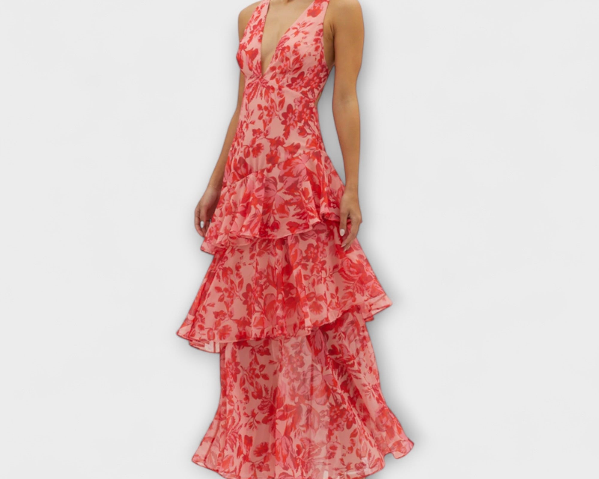 Domenica - Chiffonkleid mit V-Ausschnitt und fliessenden Lagen