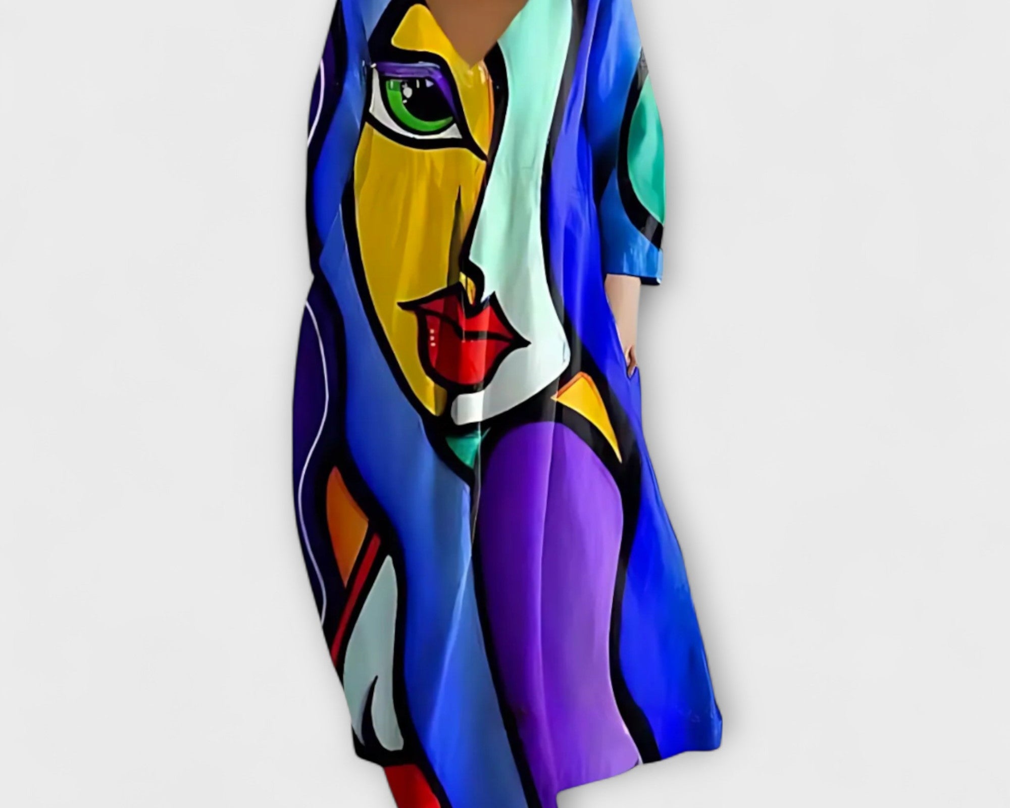 Fiona - Langes, farbenfrohes Kleid mit V-Ausschnitt